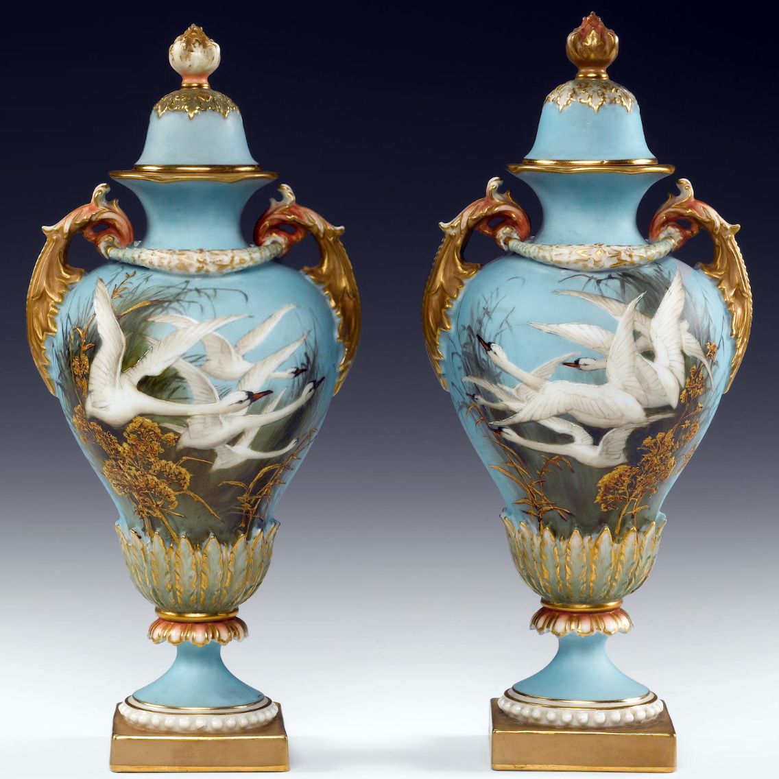 Royal Worcester vases with swans by Charles Baldwyn 1937