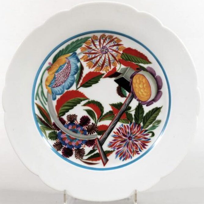 Soviet Propaganda Porcelain Plate "Hammer and Sickle with flowers" after Vyechegzhanina