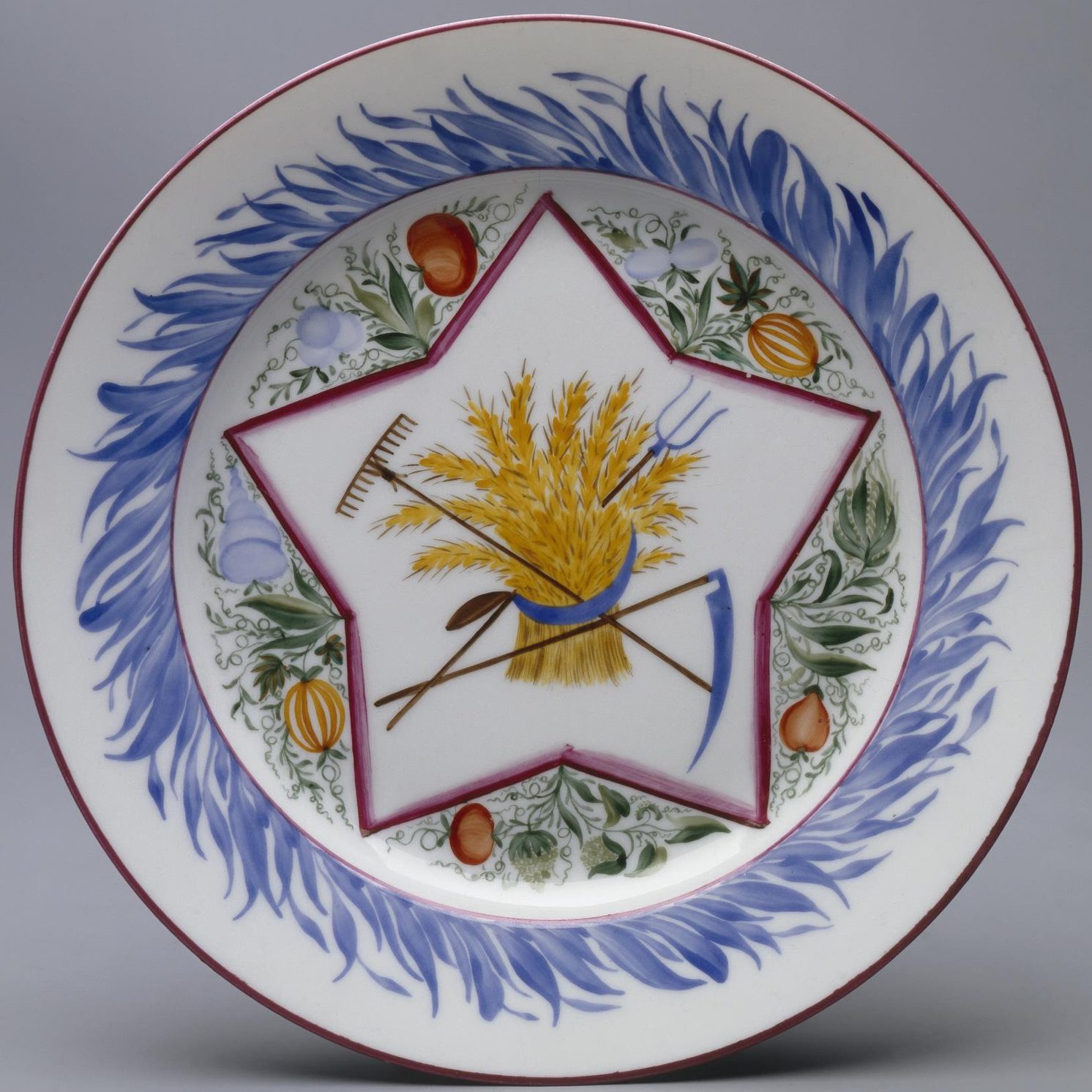Soviet Propaganda Porcelain Plate "Star with Sheaf" after Lydia Vyechegzhanina. State Porcelain Factory. 1920