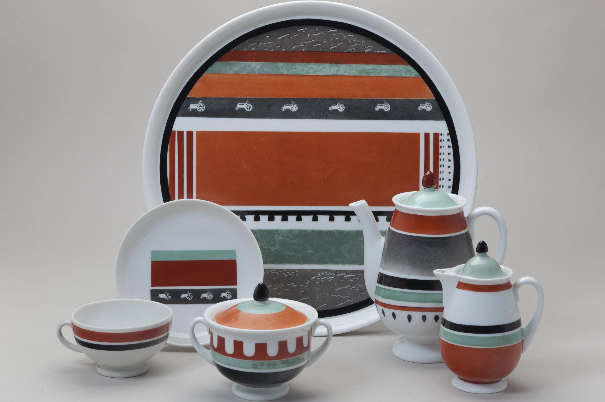 Soviet porcelain tea set "Tractors". Suprematism. Nikolai Suetin. Lomonosov State Porcelain factory, St Petersburg, USSR