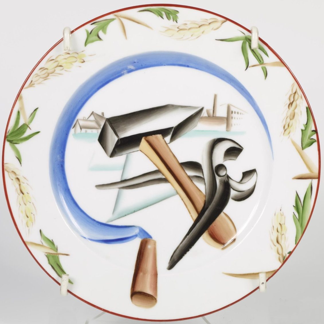 Soviet propaganda porcelain plate "Hammer, Sickle & Pliers" by Rozendorf