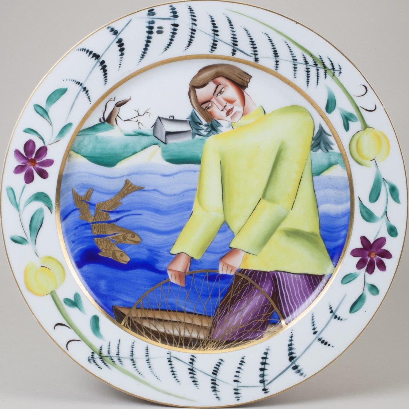 Soviet porcelain platter "Fisherman" by Rozendorf. State Porcelain Factory