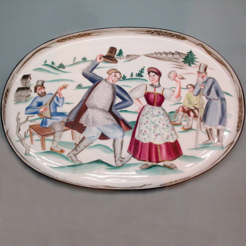 Soviet porcelain platter "Village Dance" by Elizaveta Rozendorf