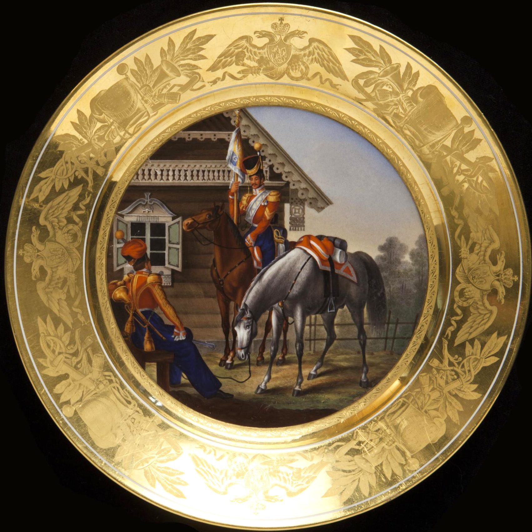 Russian Imperial Porcelain military plate depicting flag bearer and trumpeter of Don Cossack Army