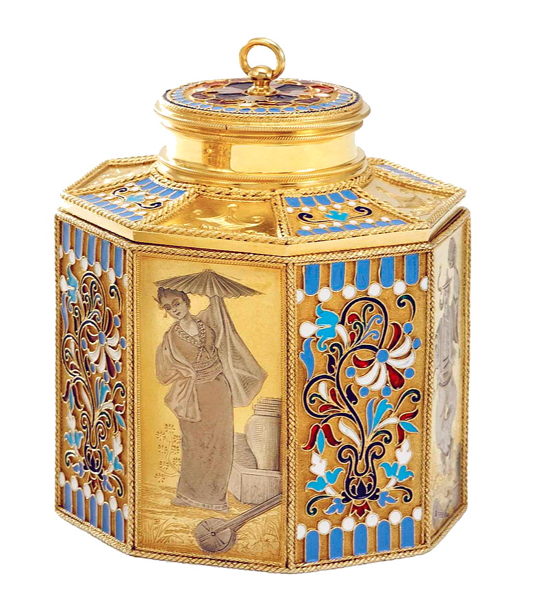 Russian silver enamel covered sugar box by Khlebnikov