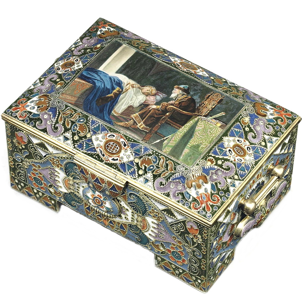 Russian silver enamel cloisonné box by Ruckert for Faberge with painting on the lid