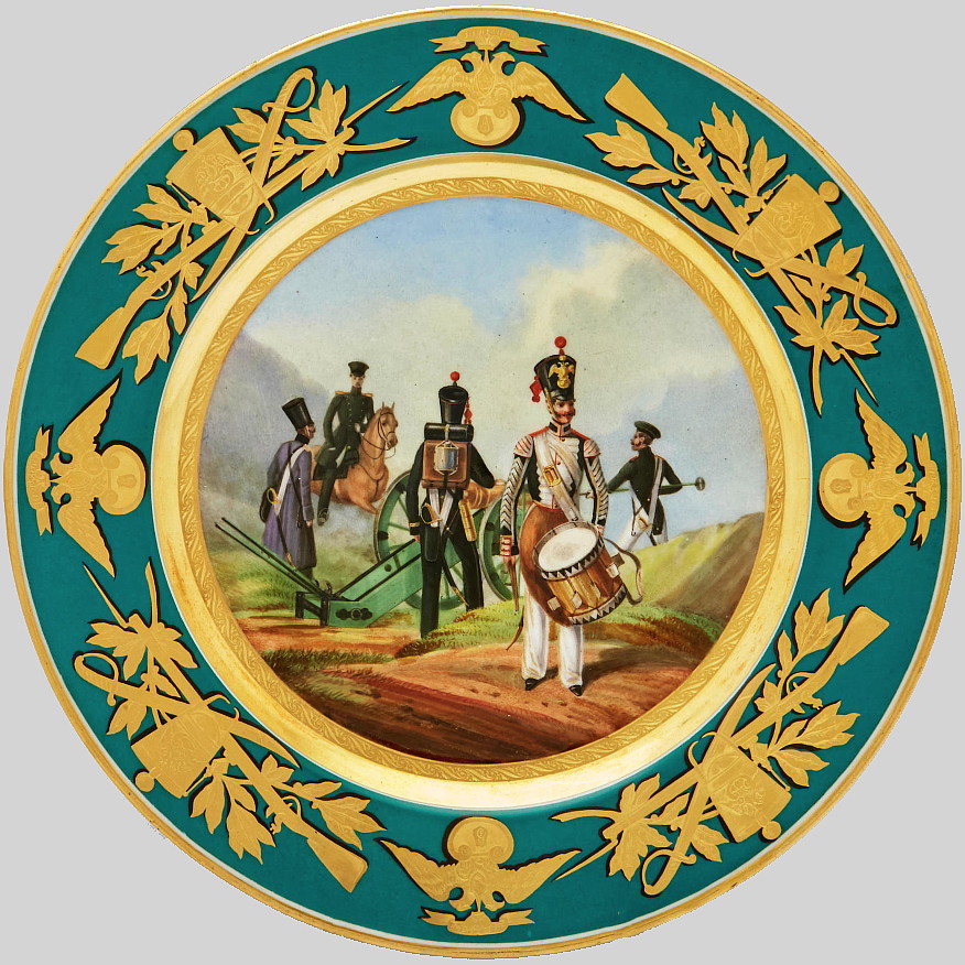 Russian Imperial Porcelain Factory military plate with turquoise border depicting Artillery soldiers and drummer