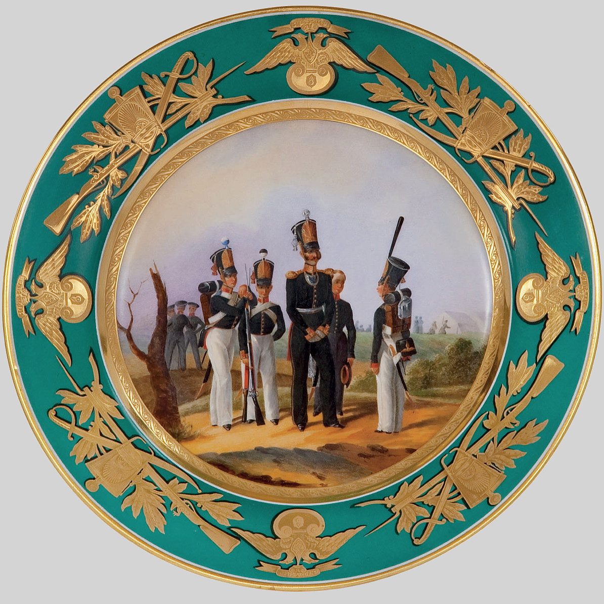 Russian Imperial Porcelain Factory military plate with turquoise border depicting officer and cadets