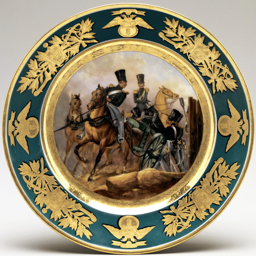 Russian Imperial Porcelain Factory military plate with turquoise border depicting soldiers and officers of Mounted Artillery