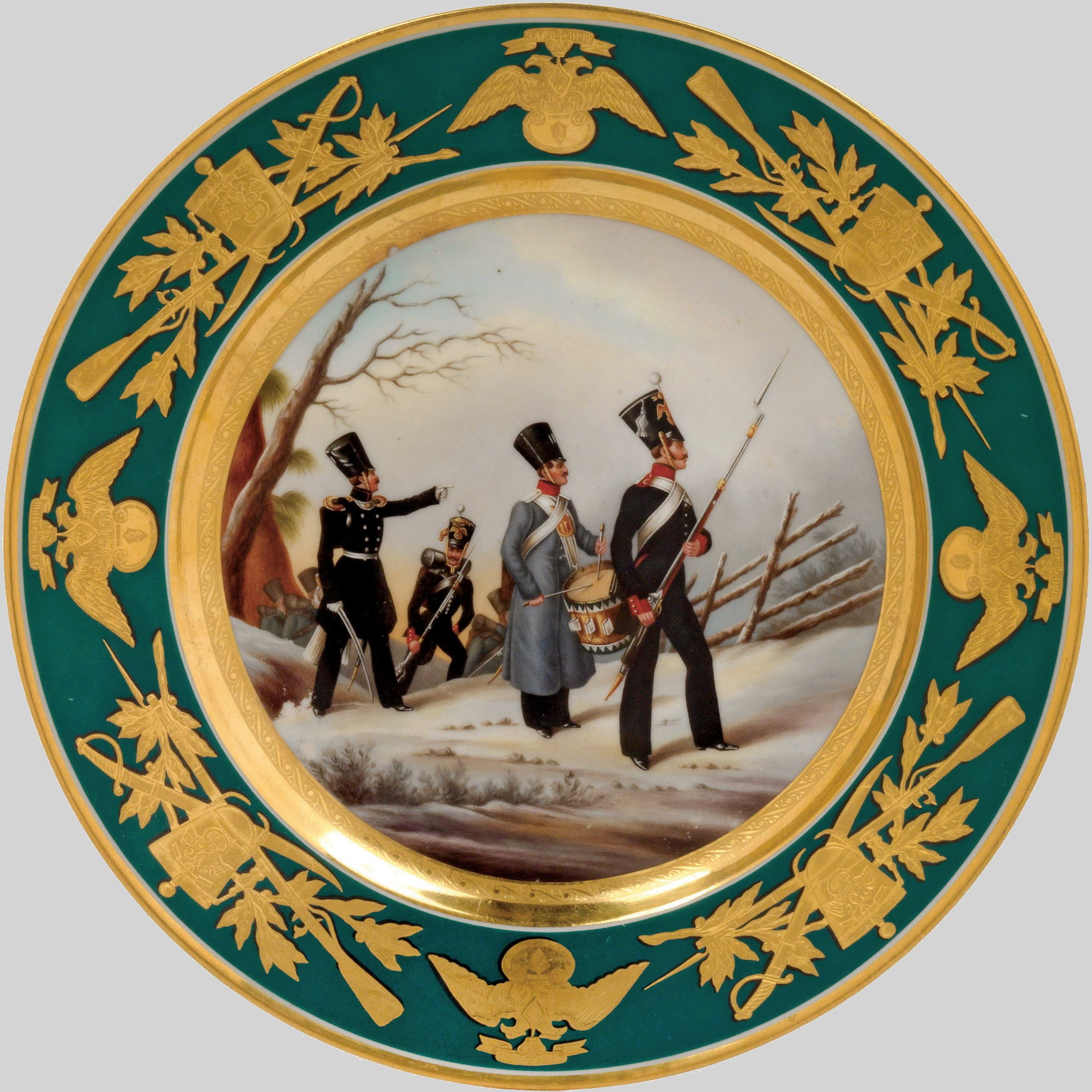 Russian Imperial Porcelain Factory military plate with turquoise border depicting infantry soldiers and officers