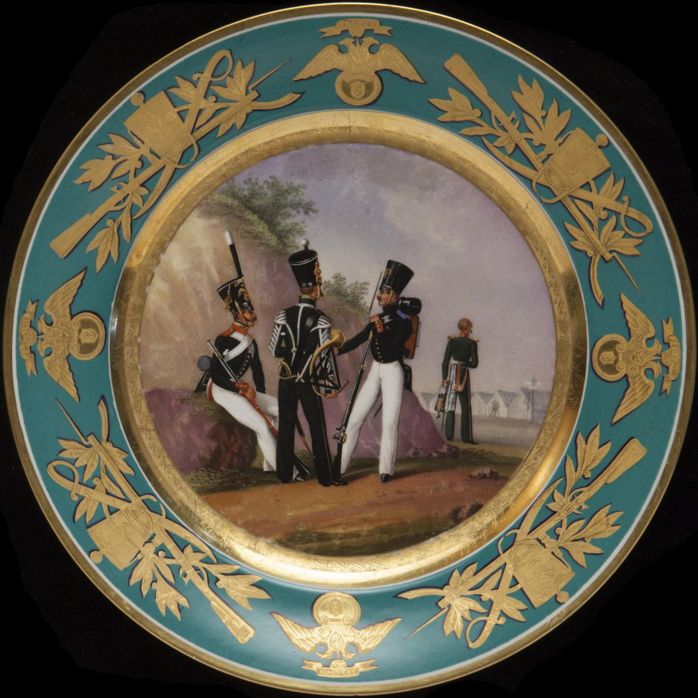 Russian Imperial Porcelain Factory military plate with turquoise border depicting Infantry soldiers and officers
