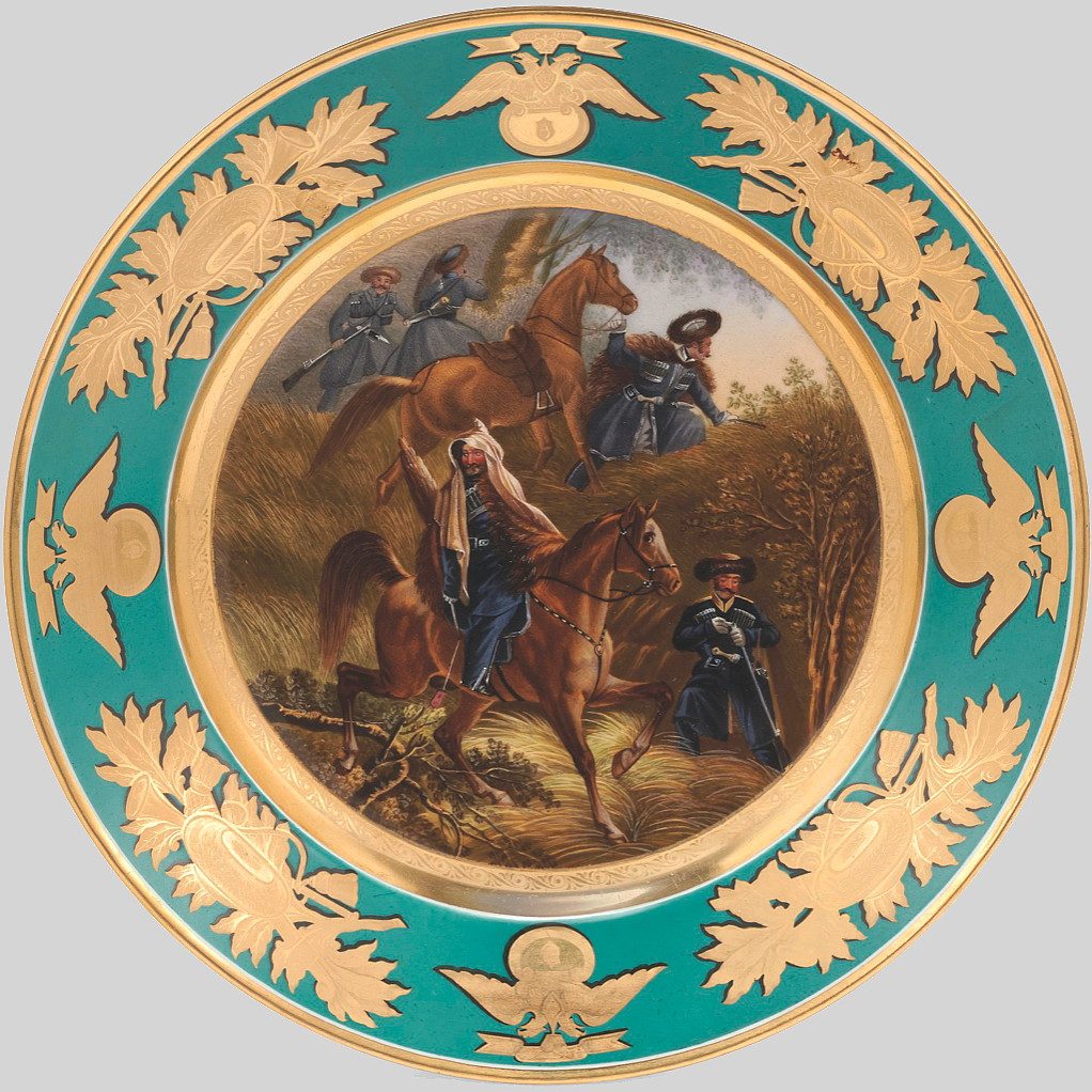 Russian Imperial Porcelain Factory military plate with turquoise border depicting Caucasian Cossacks. Hand painted by Kriukov after Belousov