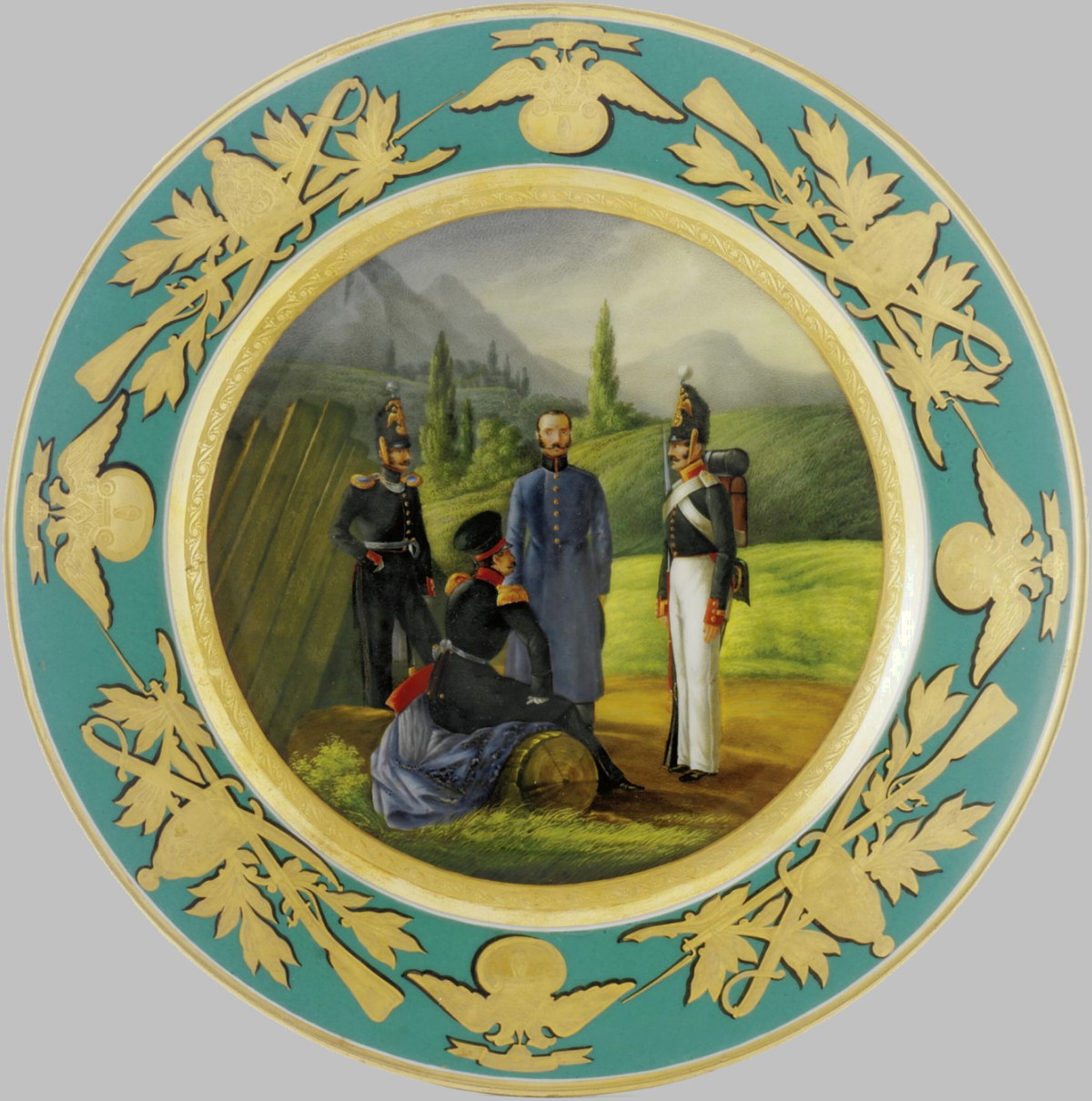 Russian Imperial Porcelain Factory military plate with turquoise border depicting a group of infantry officers and soldiers. Morozov 1841