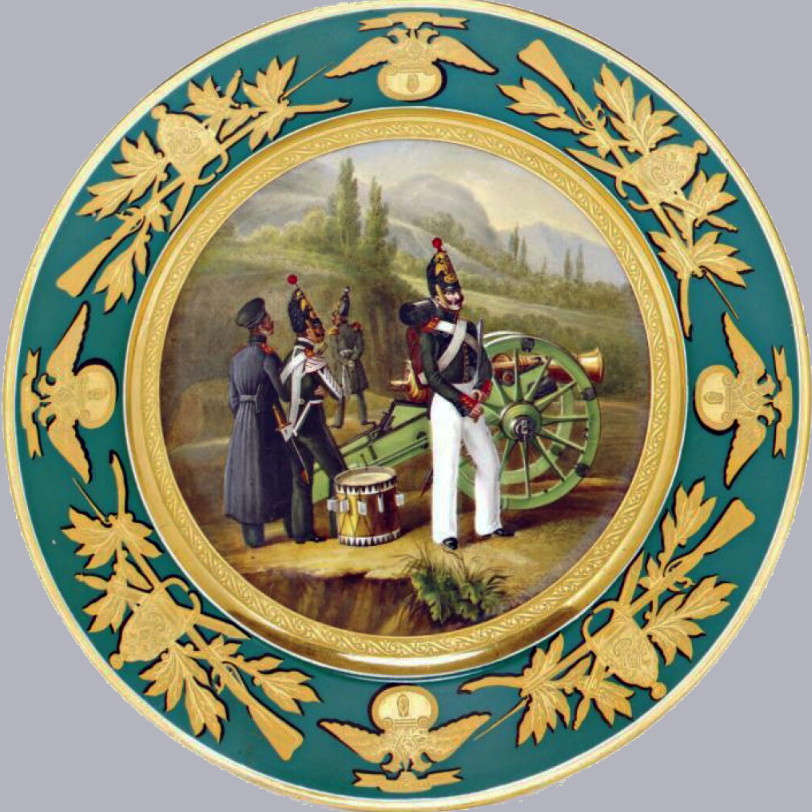 Russian Imperial Porcelain Factory military plate with turquoise border depicting Artillery soldiers of Caucasian Corps. Signed Daladugin 1841