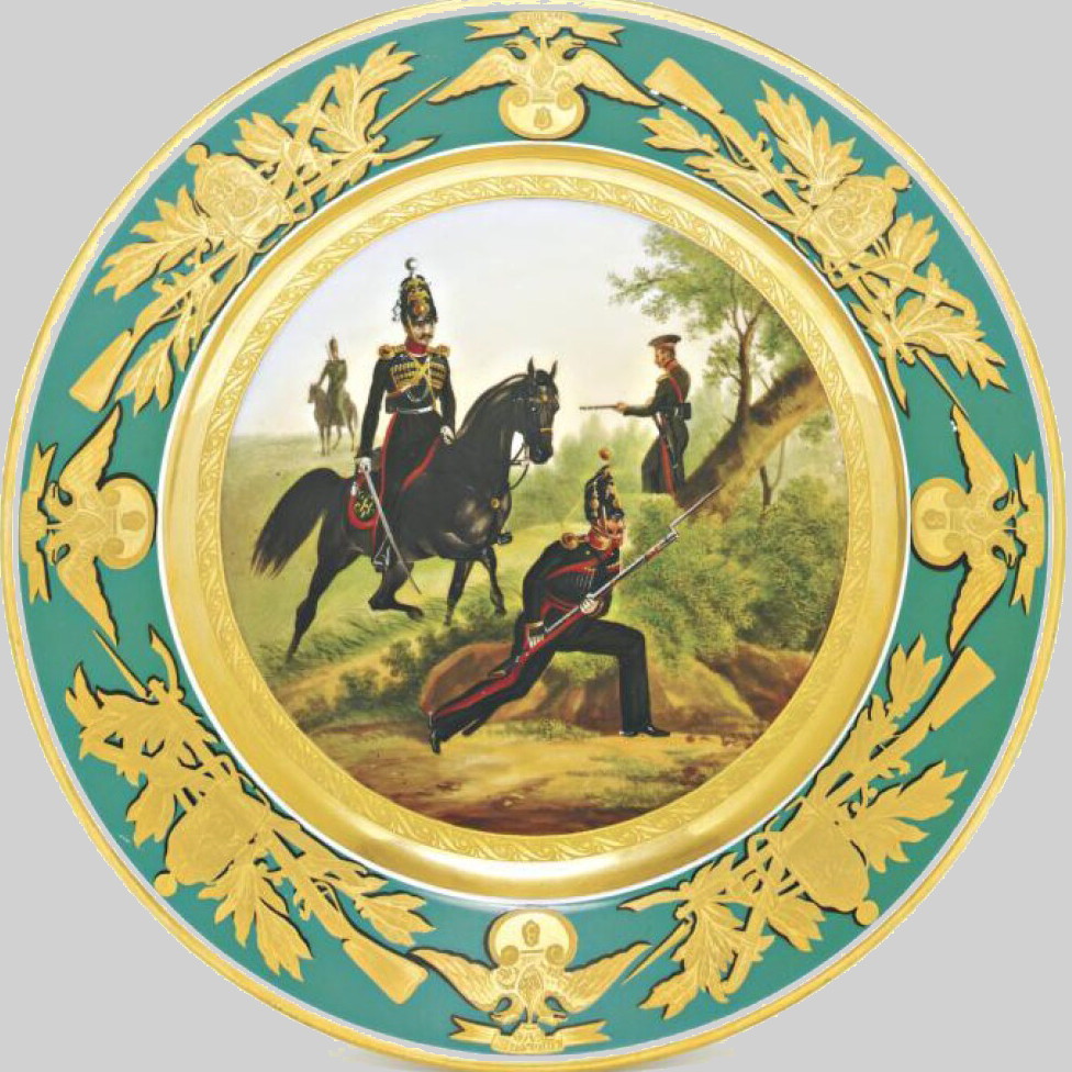 Russian Imperial Porcelain Factory military plate with turquoise border depicting dragoons of Caucasian Corps. Daladugin 1842