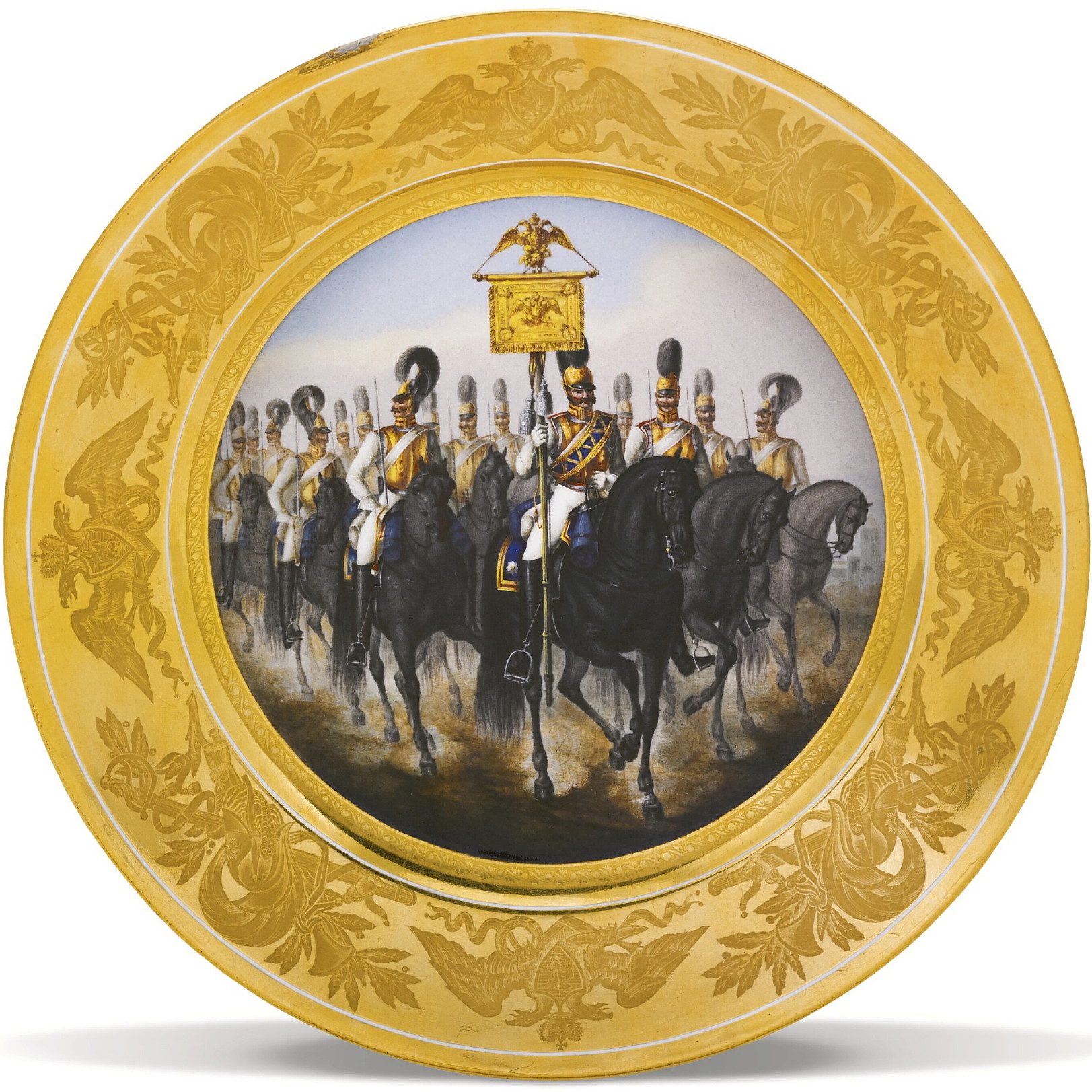 Russian Imperial Porcelain military plate Horse Guardsmen Shtandart