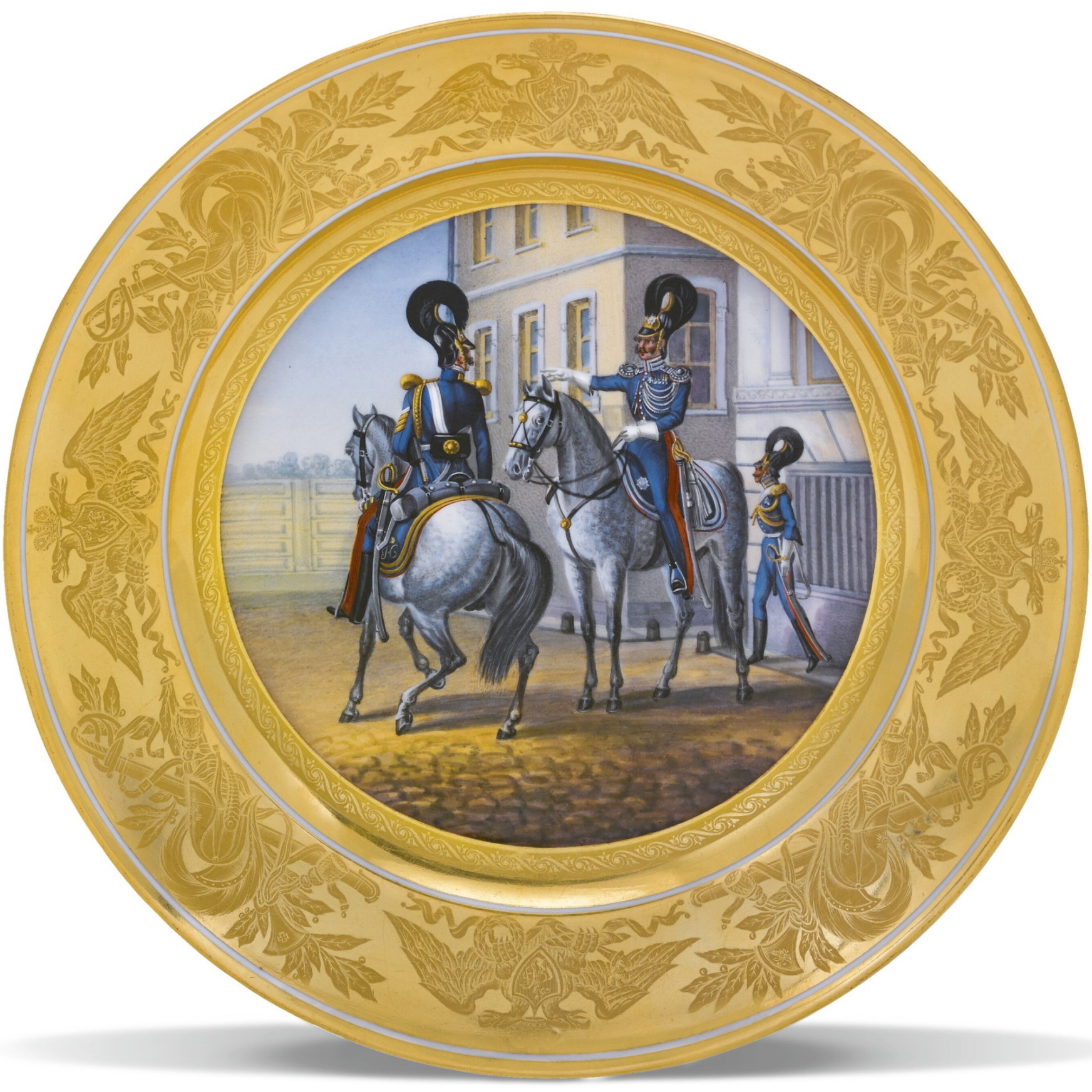 Russian Imperial Porcelain military plate depicting officers of Gendarme Squadron on horseback