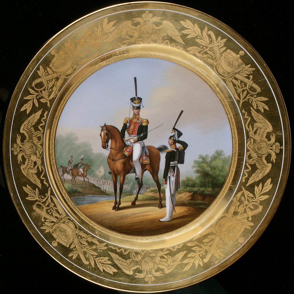 Russian_Imperial_Porcelain_military_plate - Officers of Preobrazhensky Life-Guard Regiment wearing kivers with kutas