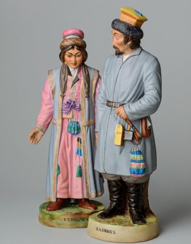Gardner porcelain figures of Kalmyk man and woman from "Peoples of Russia" series