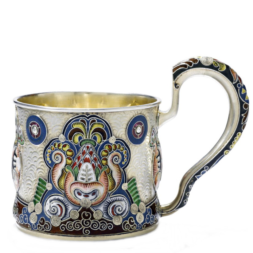 Fedor Ruckert for Faberge tea glass holder. Silver enamel. Russia