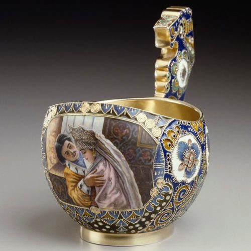 Russian silver enamel kovsh by Fedor Ruckert for Faberge with miniature painting "Boyar Wedding" after Makovsky