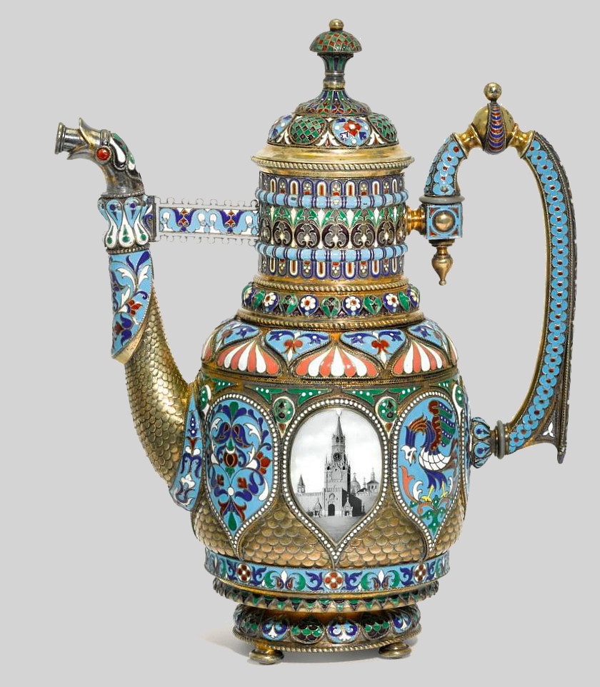 Russian silver cloisonné coffee pot by Khlebnikov
