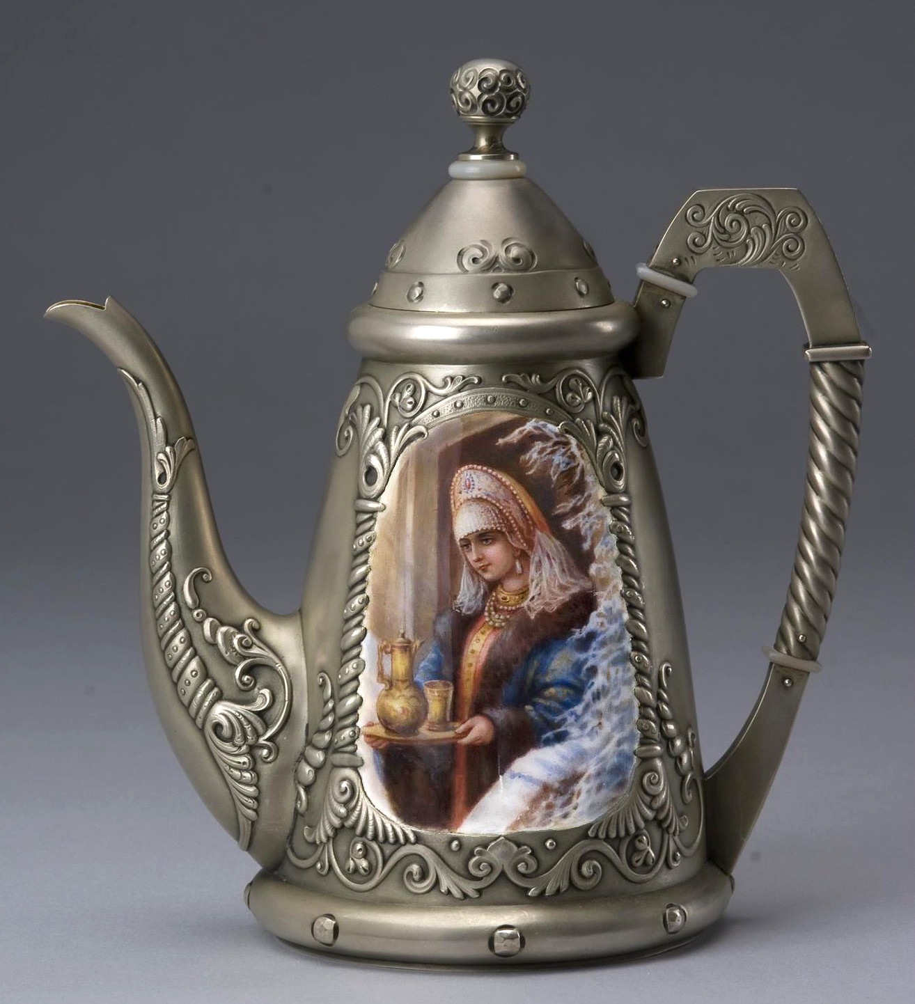 Russian Silver Enamel coffee pot by Kurlyukov with en plein miniature depicting a young woman in traditional dress