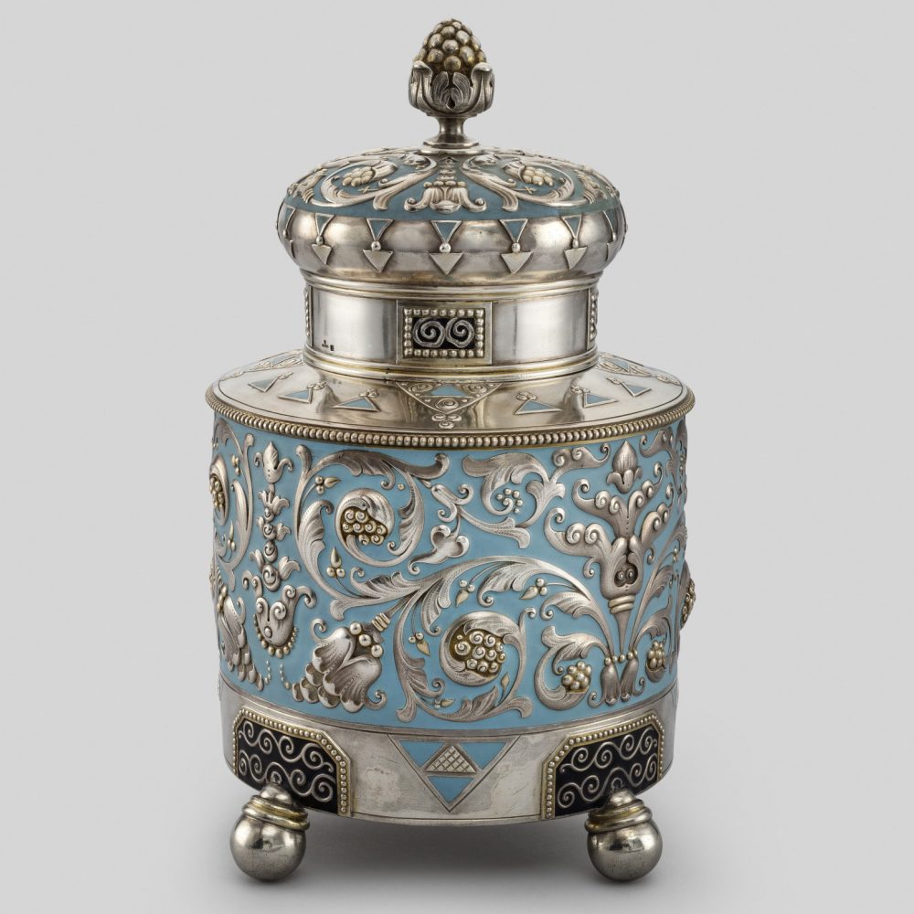Faberge tea caddy. Silver. Enamel. Russia