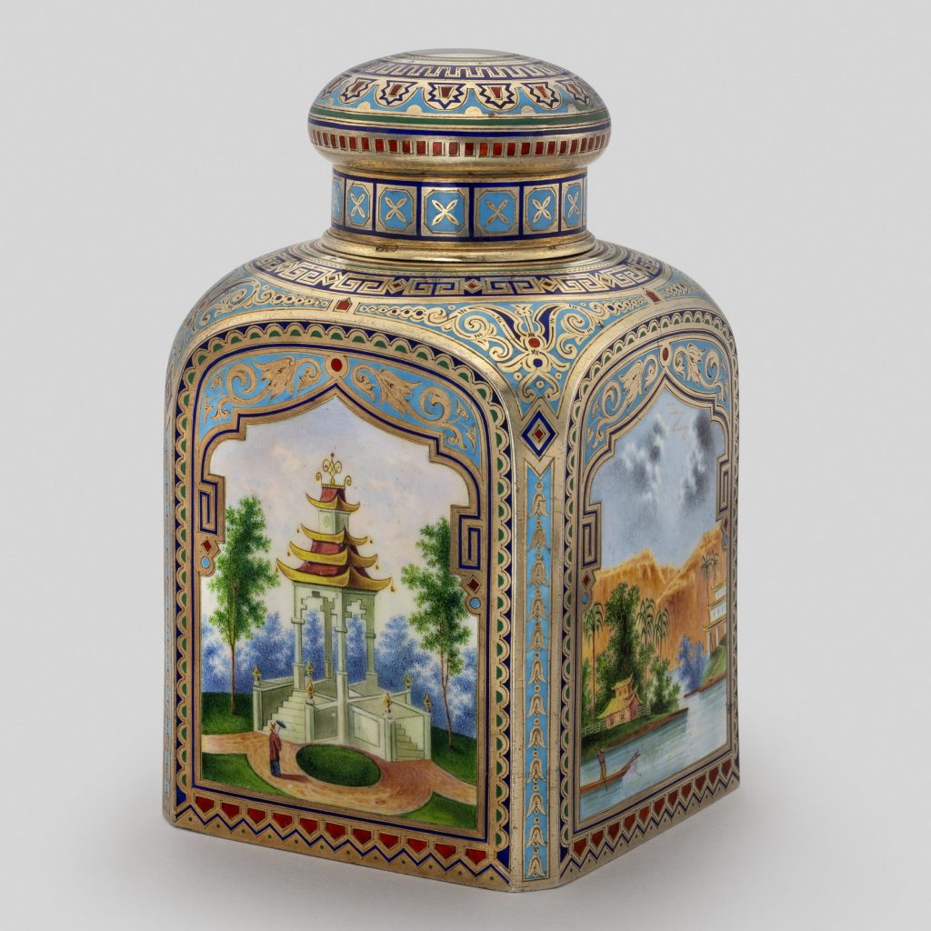 Russian silver tea caddy by Pavel Ovchinnikov. Chinoiserie scenes. Champlevé and en plein enamel.