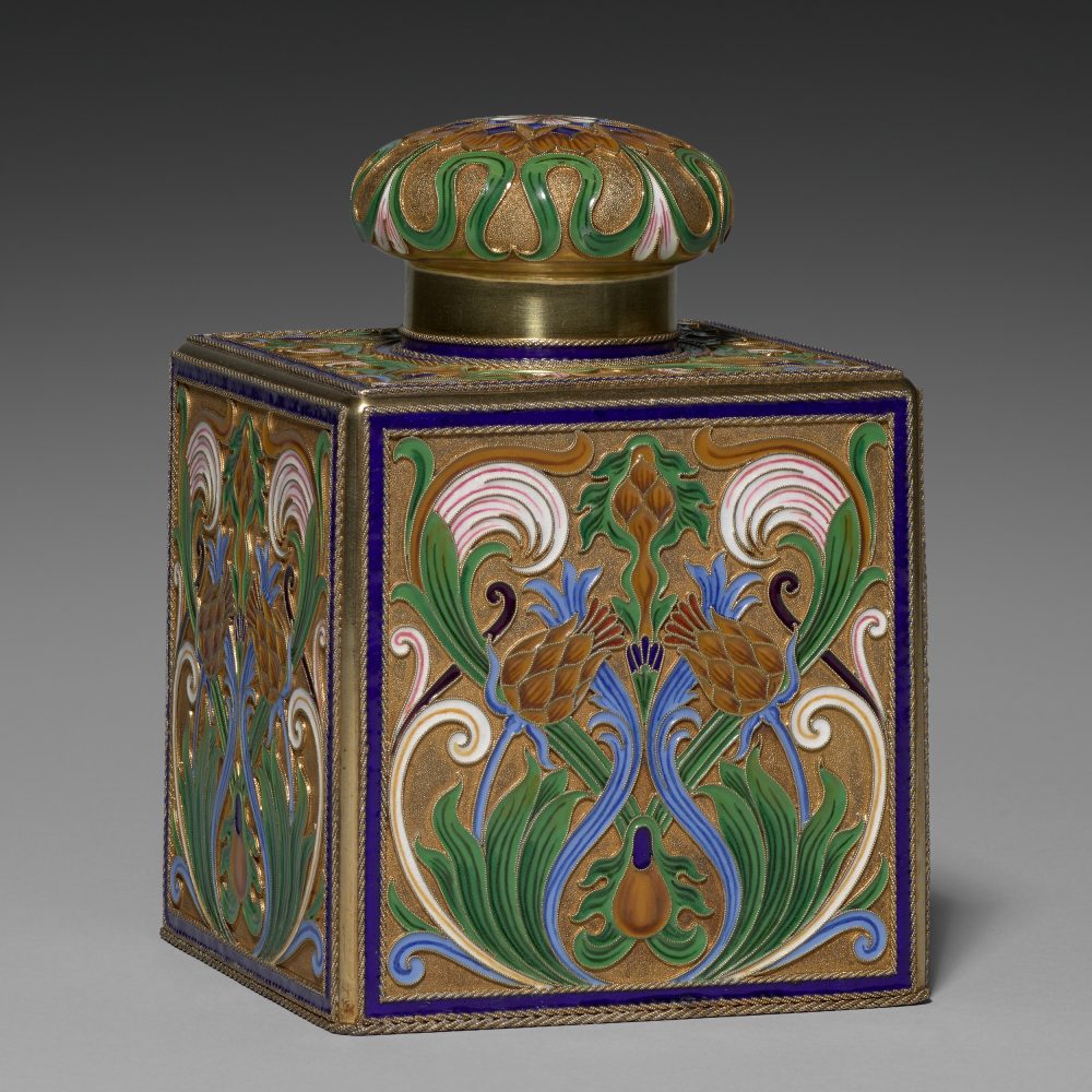 Faberge tea caddy attributed to Ruckert. Silver enamel. Russia