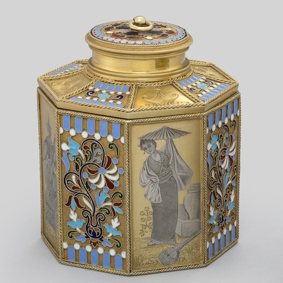 Russian Silver Enamel tea caddy by Khlebnikov