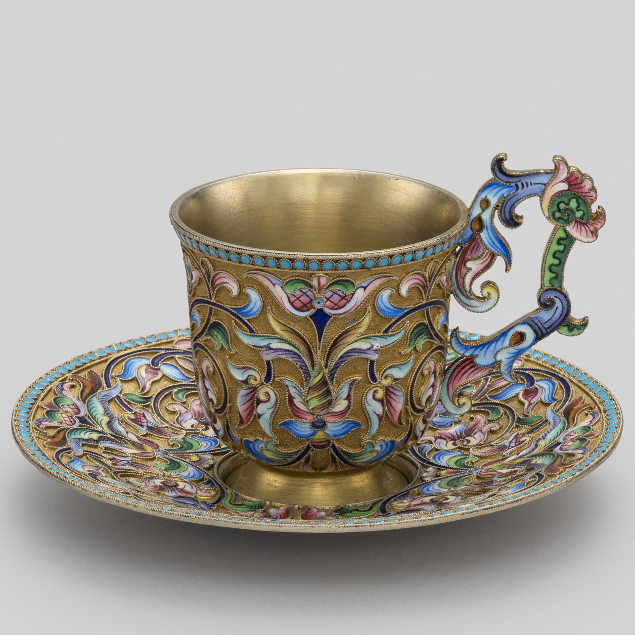 Russian cloisonne silver enamel cup and saucer by Maria Semenova