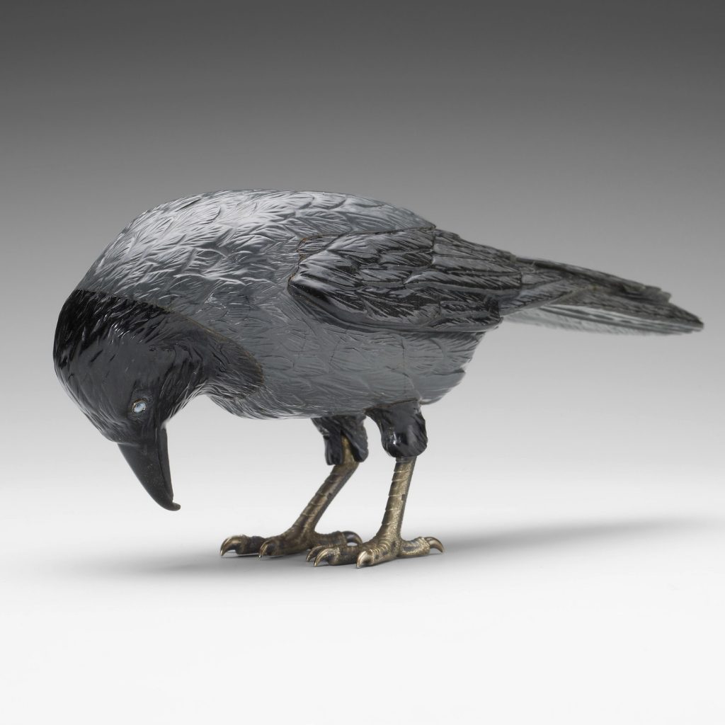 Faberge crow, carved in kalgan jasper and obsidian with aquamarine eyes and silver gilt legs. HENRIK IMMANUEL WIGSTRÖM