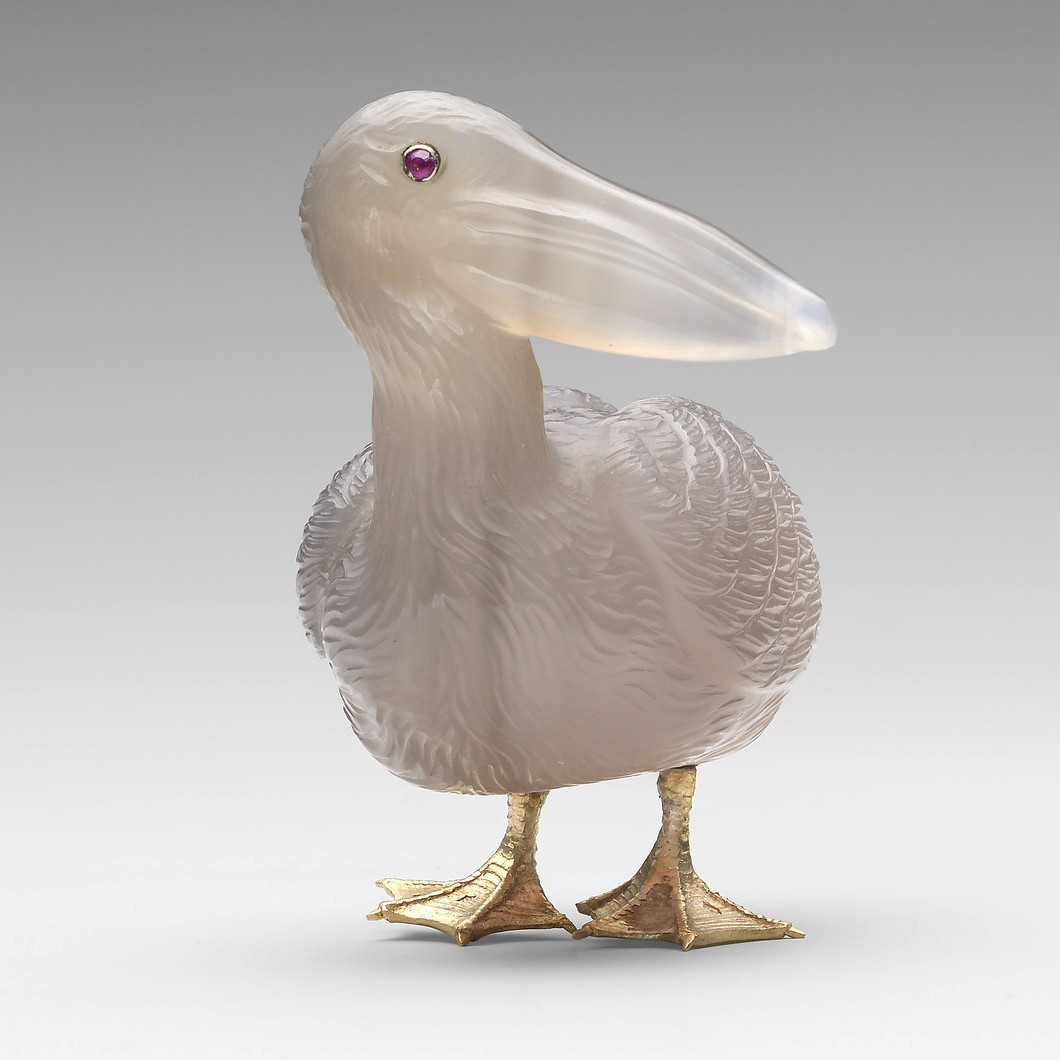 Faberge pelican. Chalcedony, ruby, gold