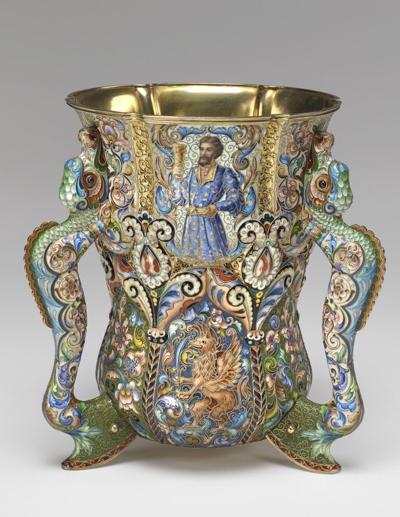 Fedor Ruckert cup / vase with en plein. People, dragons. Faberge