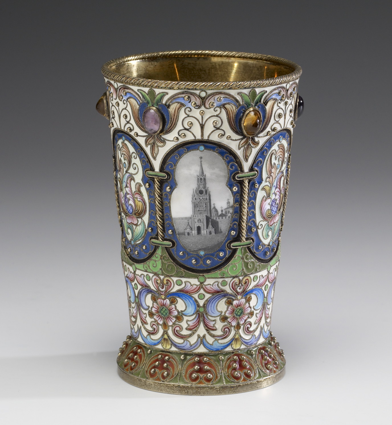 Russian silver enamel beaker / cup by Fedor Ruckert with views of Kremlin, Moscow