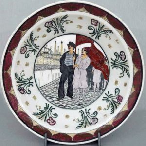 Soviet propaganda porcelain dish "Young Communists with red banner" #2 by Vasily Timorev