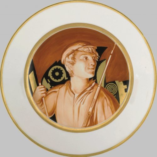 Soviet propaganda porcelain plate "Worker Soldier" by Mikhail Adamovich