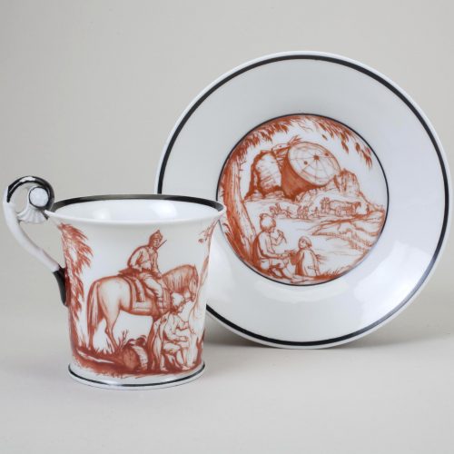 Soviet propaganda porcelain cup and saucer Red Army Soldiers by Mikhail Adamovich