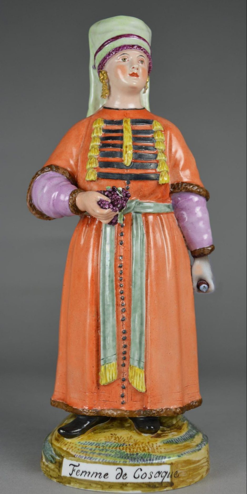 Russian Imperial Porcelain Factory figure of Cossack Woman from People of Russia series by Rachette. Gathering grapes. After engraving by Johann GÜLDENSTÄDT