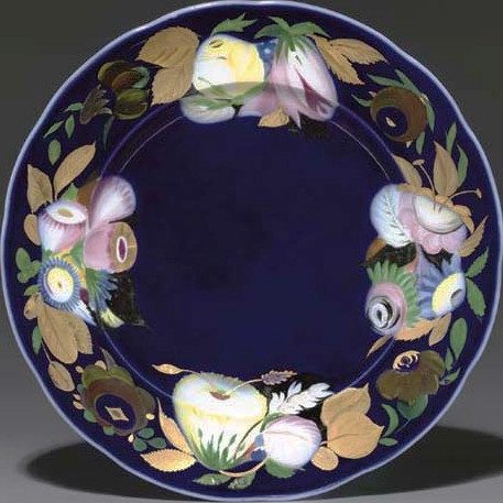 Soviet porcelain plate with flowers over cobalt blue background by Kobyletskaya