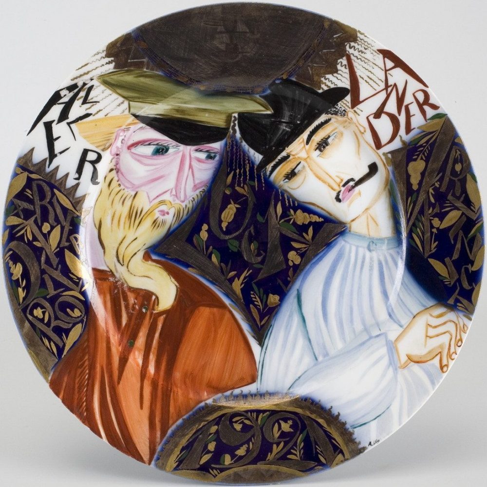 Soviet porcelain platter "Russian and German" by Shchekotikhina-Pototskaya