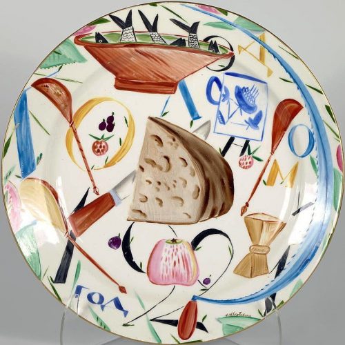 Soviet porcelain platter "Blue Sickle" signed Shchekotikhina-Pototskaya