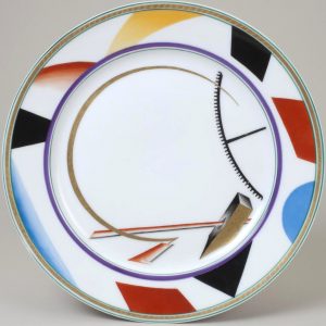 Soviet propaganda porcelain plate "Cubism" with hammer after design by Sergei Chekhonin