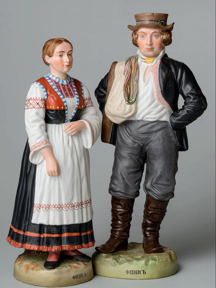 Gardner porcelain figures of Finn man and woman from Peoples of Russia series