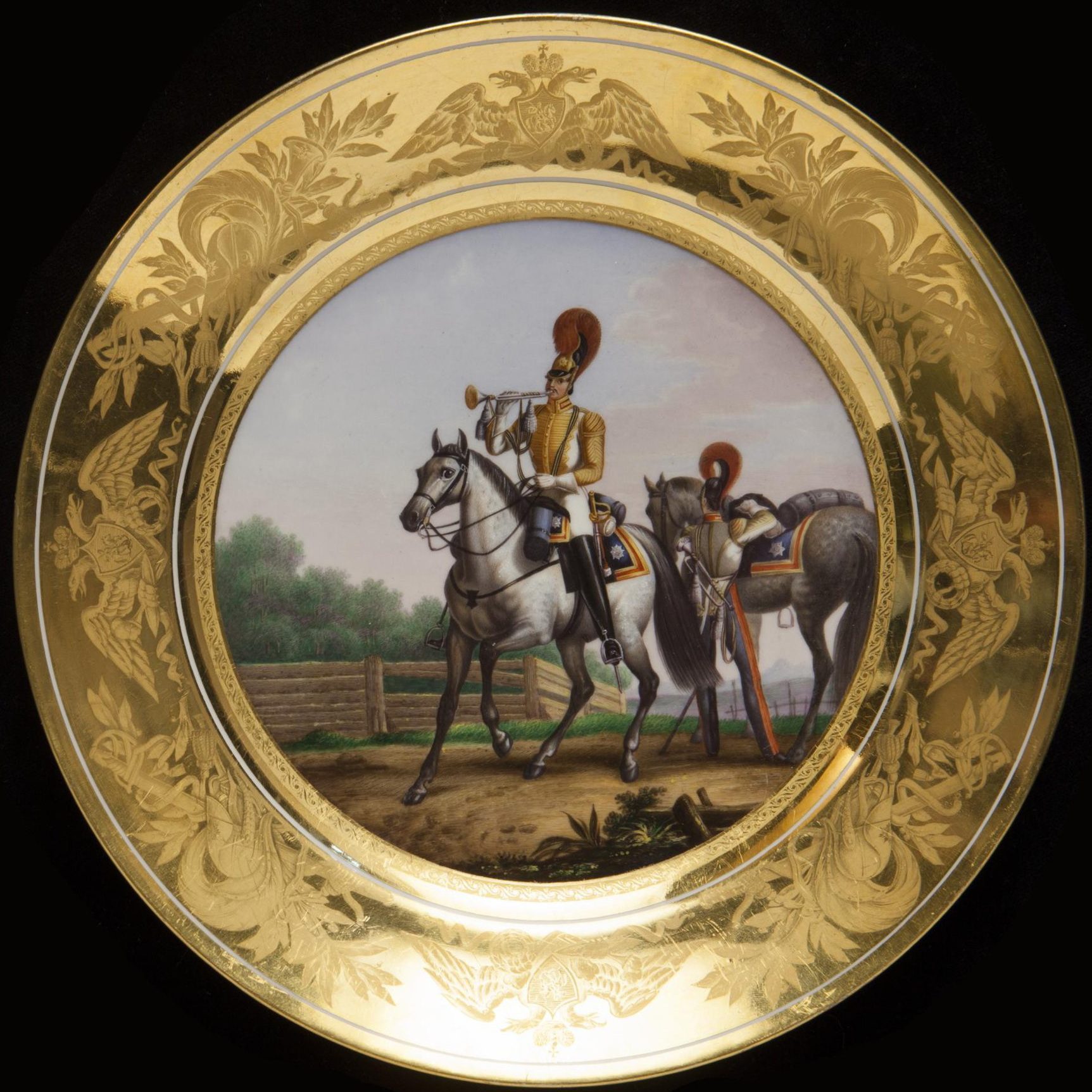 Russian Imperial Porcelain military plate depicting the trumpeter of Life-Guard Horse Regiment 1829