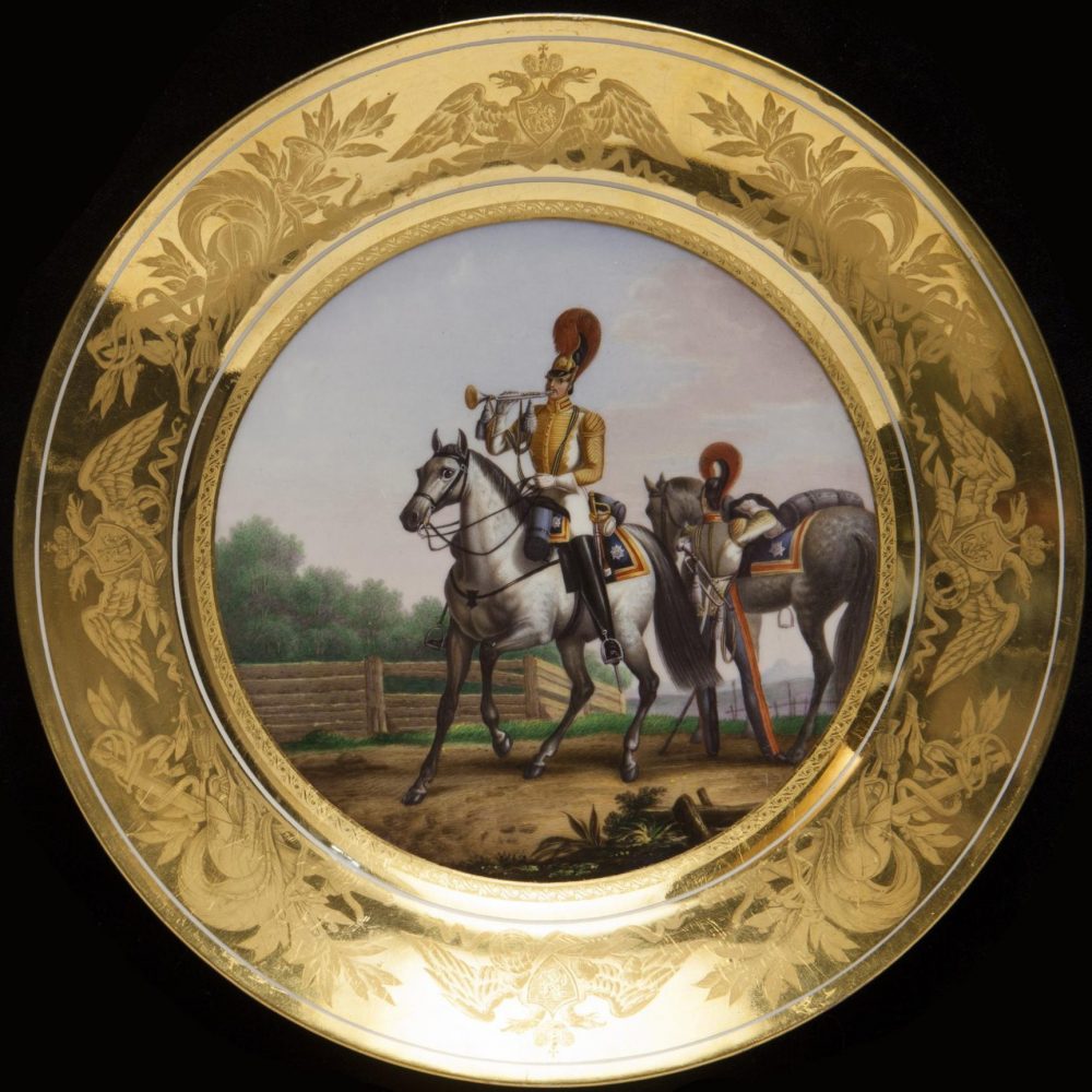 Russian Imperial Porcelain military plate depicting the trumpeter of Life-Guard Horse Regiment 1829