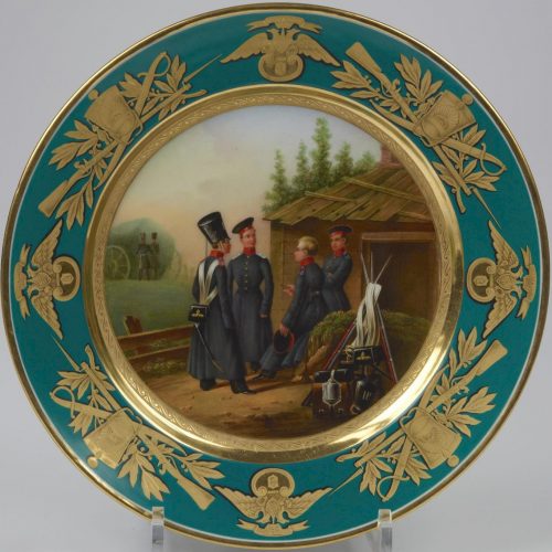 Russian Imperial Porcelain military plate with turquoise border after colored lithograph by Belousov "4 Кадета Западного Военно-учебного округа"