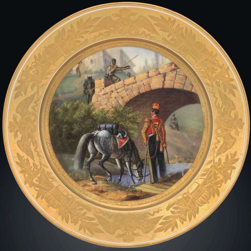 Russian Imperial Porcelain military plate depicting the trumpeter of Crimean Tatar Squadron