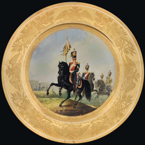 Russian Imperial Porcelain military plate depicting Dragoons with banner